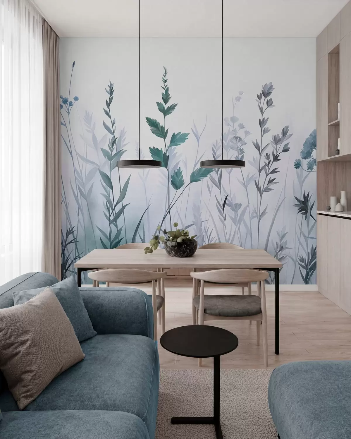 murais de parede Ervas altas e flores silvestres em tons suaves de azul, estética minimalista w10084v2
