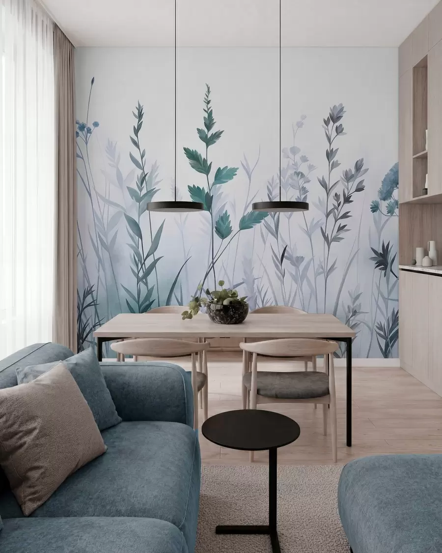 murais de parede Ervas altas e flores silvestres em tons suaves de azul, estética minimalista w10084v2