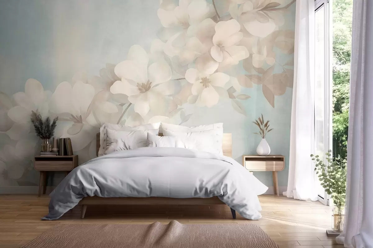 murais de parede Flores brancas num ramo, cores suaves em tons pastel, fundo azul-claro com textura w10107