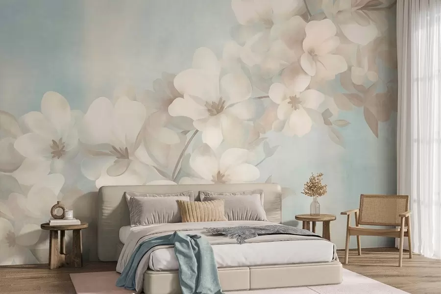 murais de parede Flores brancas num ramo, cores suaves em tons pastel, fundo azul-claro com textura w10107