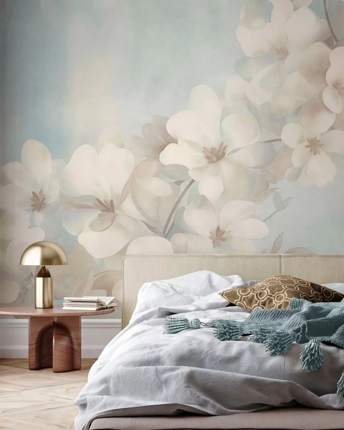 murais de parede Flores brancas num ramo, cores suaves em tons pastel, fundo azul-claro com textura w10107