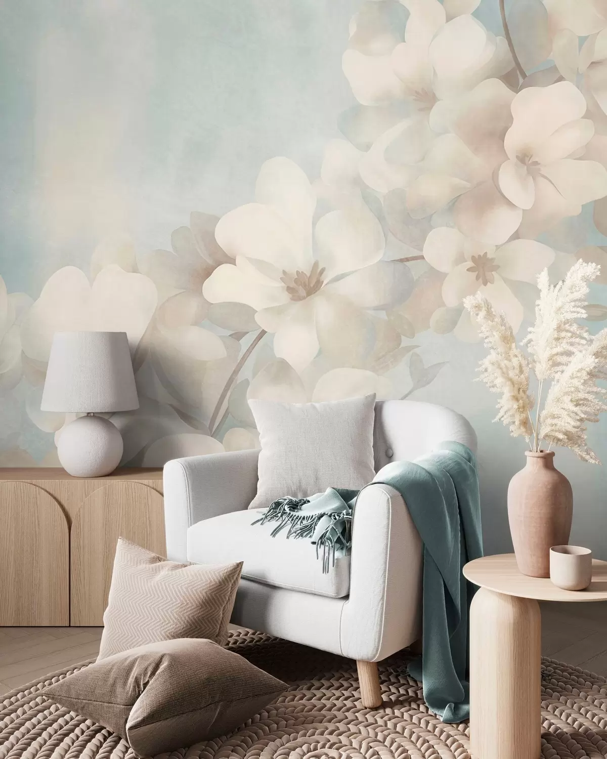 murais de parede Flores brancas num ramo, cores suaves em tons pastel, fundo azul-claro com textura w10107