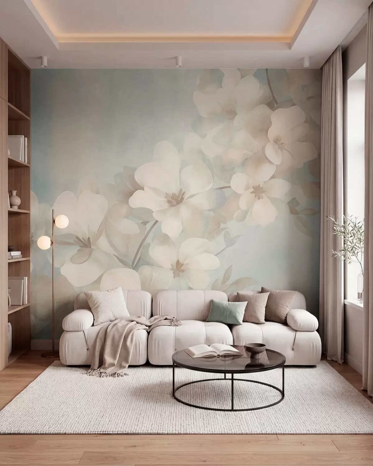 murais de parede Flores brancas num ramo, cores suaves em tons pastel, fundo azul-claro com textura w10107
