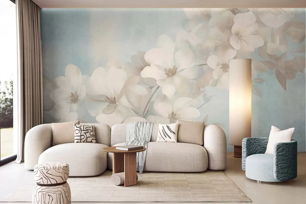 murais de parede Flores brancas num ramo, cores suaves em tons pastel, fundo azul-claro com textura w10107