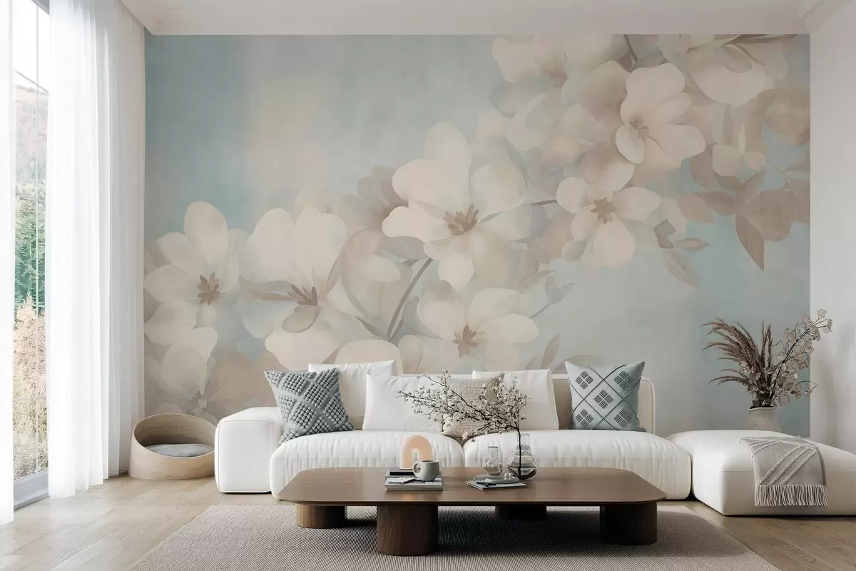 murais de parede Flores brancas num ramo, cores suaves em tons pastel, fundo azul-claro com textura w10107