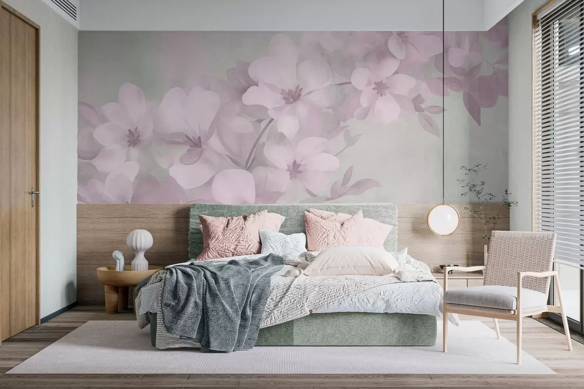 murais de parede Flores brancas num ramo, cores suaves em tons pastel, fundo texturado em verde claro w10107v1