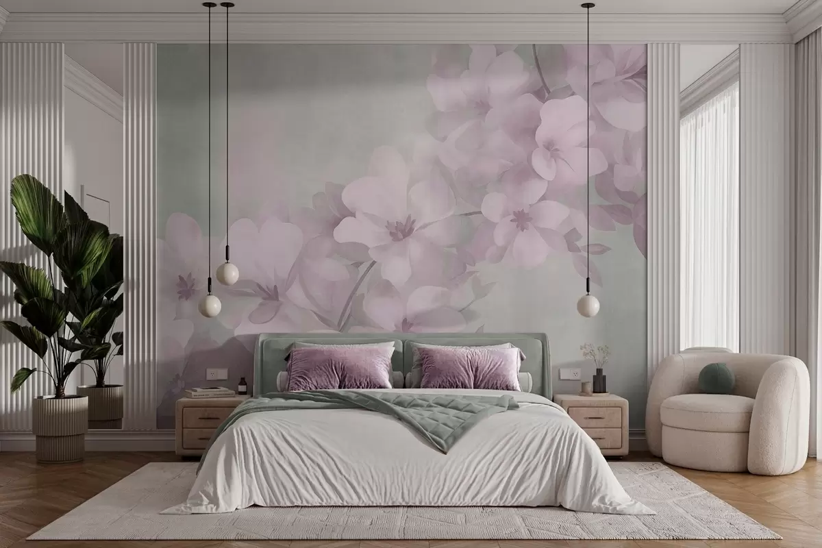 murais de parede Flores brancas num ramo, cores suaves em tons pastel, fundo texturado em verde claro w10107v1