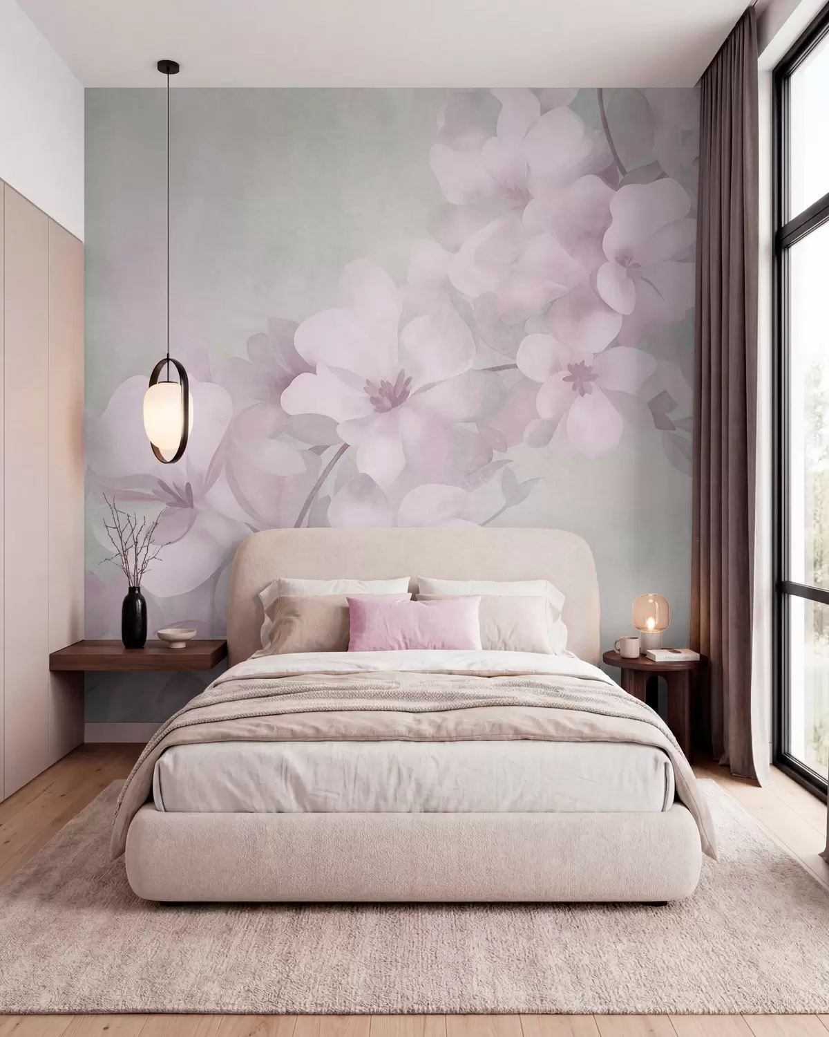 murais de parede Flores brancas num ramo, cores suaves em tons pastel, fundo texturado em verde claro w10107v1