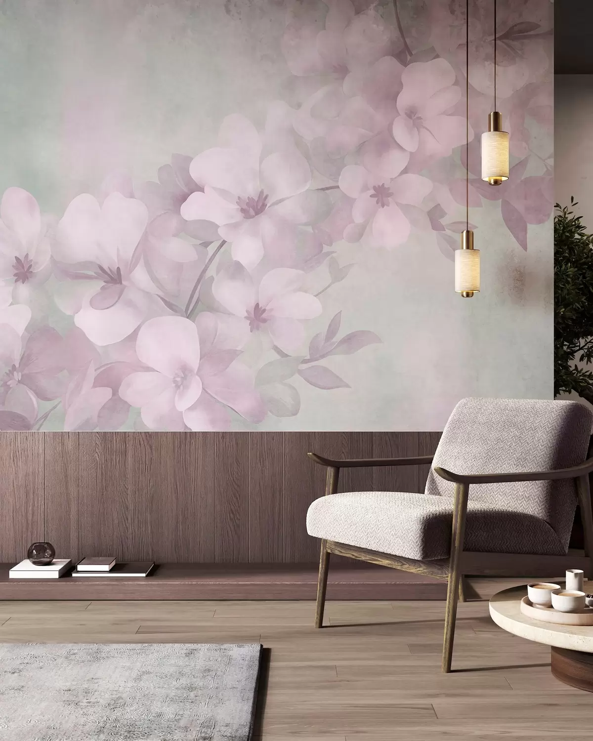 murais de parede Flores brancas num ramo, cores suaves em tons pastel, fundo texturado em verde claro w10107v1