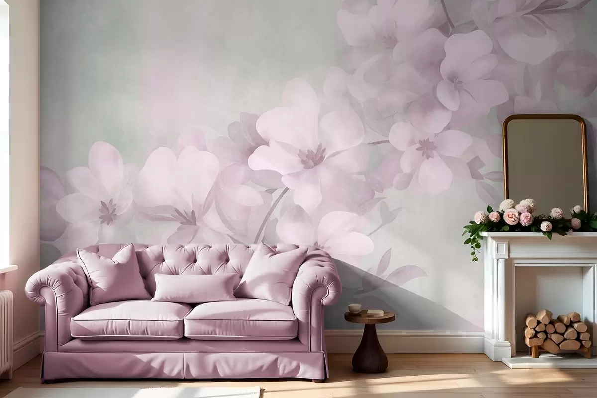 murais de parede Flores brancas num ramo, cores suaves em tons pastel, fundo texturado em verde claro w10107v1