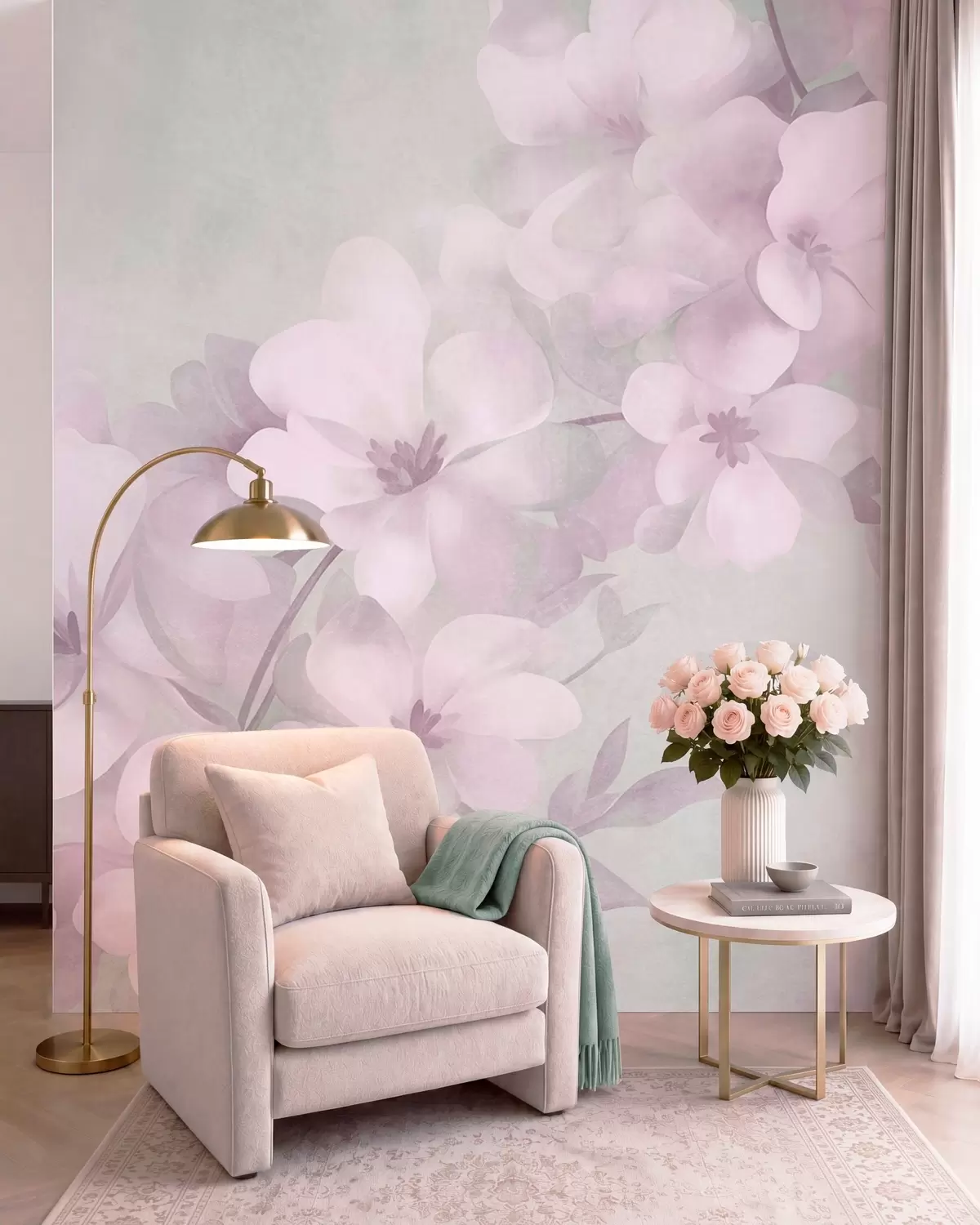 murais de parede Flores brancas num ramo, cores suaves em tons pastel, fundo texturado em verde claro w10107v1
