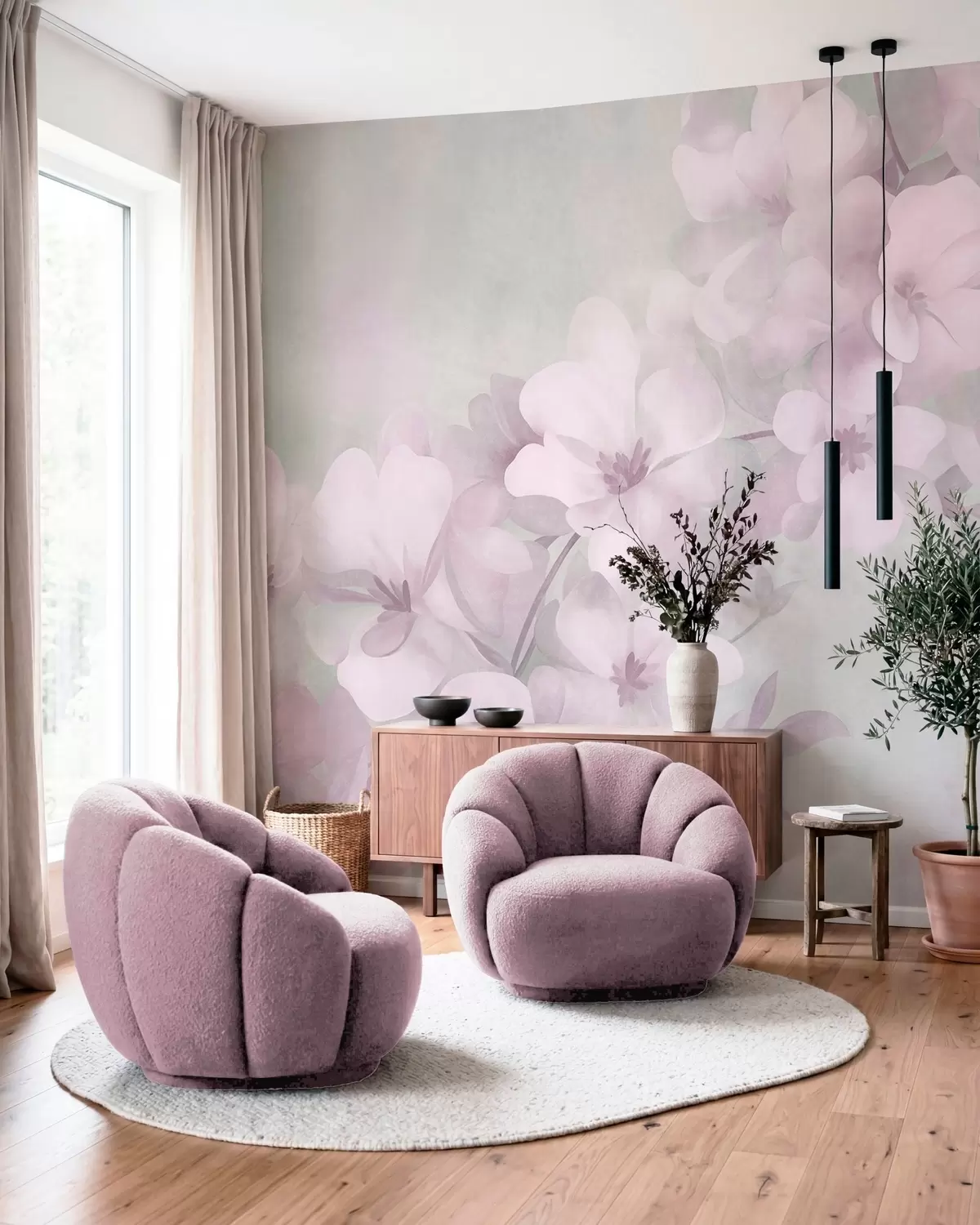 murais de parede Flores brancas num ramo, cores suaves em tons pastel, fundo texturado em verde claro w10107v1