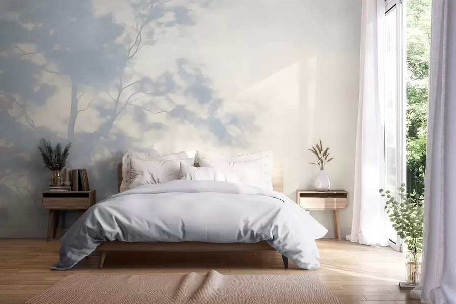 murais de parede Árvore com textura e ramos, fundo creme claro e azul claro, arte minimalista w10108