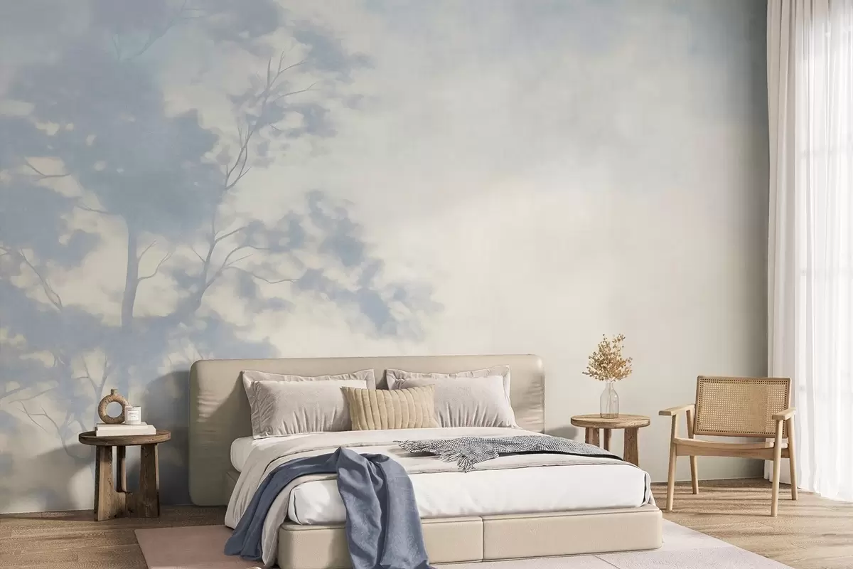 murais de parede Árvore com textura e ramos, fundo creme claro e azul claro, arte minimalista w10108
