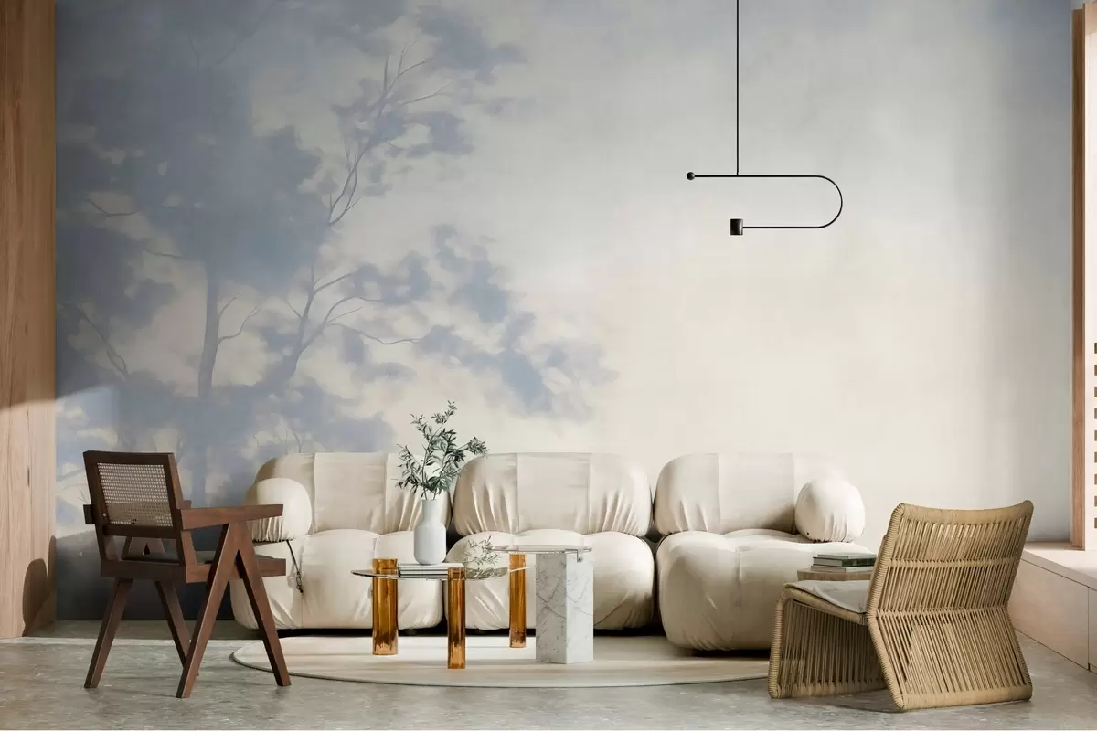 murais de parede Árvore com textura e ramos, fundo creme claro e azul claro, arte minimalista w10108