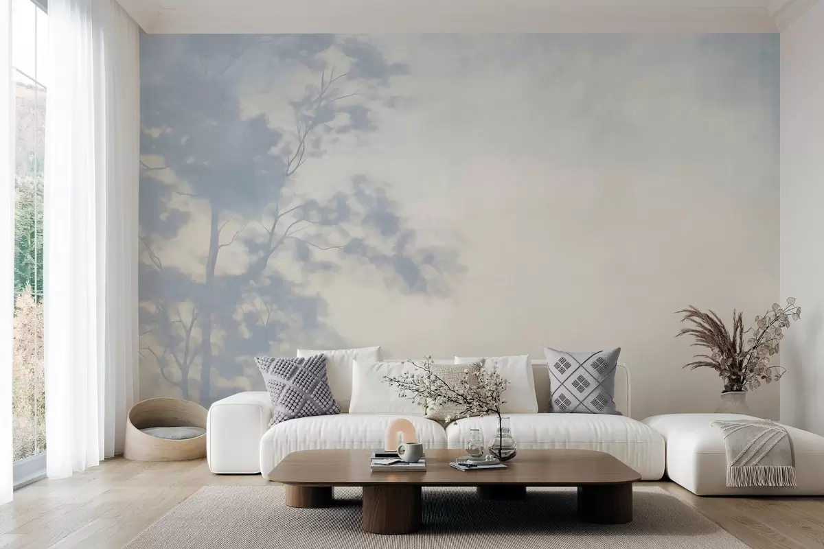 murais de parede Árvore com textura e ramos, fundo creme claro e azul claro, arte minimalista w10108