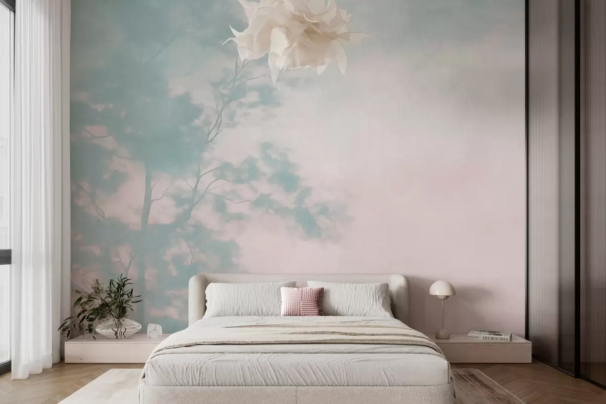 murais de parede Árvore com textura e ramos, fundo rosa pálido e turquesa, arte minimalista w10108v1