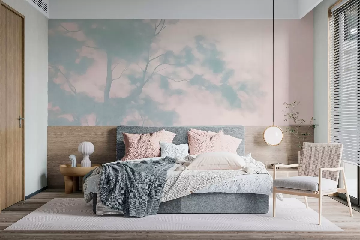 murais de parede Árvore com textura e ramos, fundo rosa pálido e turquesa, arte minimalista w10108v1