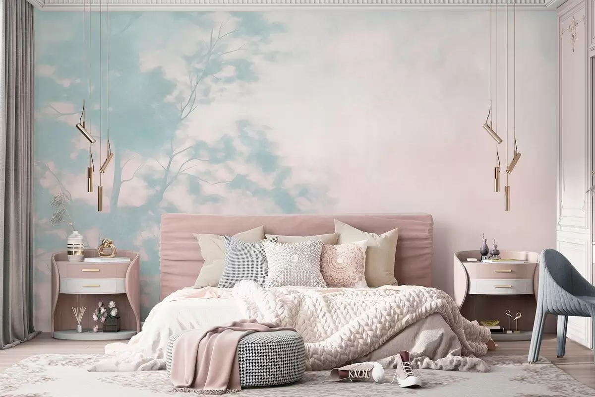 murais de parede Árvore com textura e ramos, fundo rosa pálido e turquesa, arte minimalista w10108v1