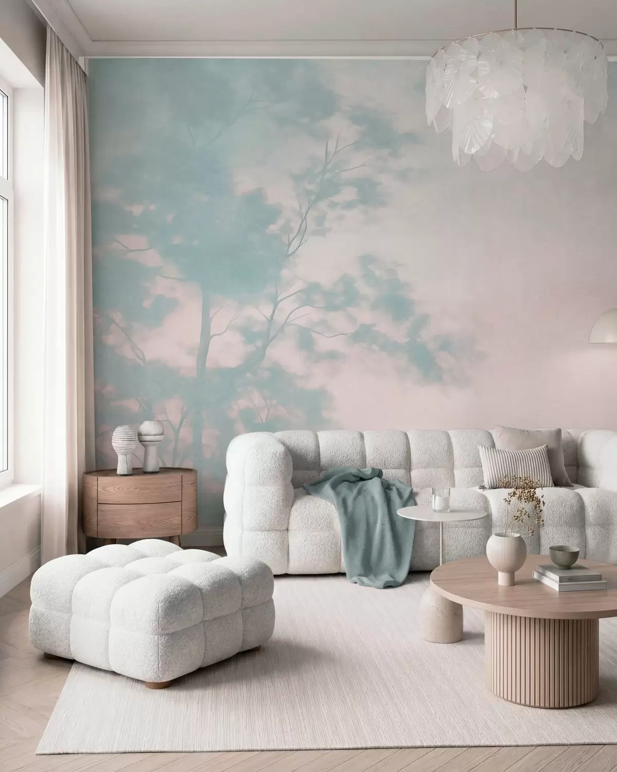 murais de parede Árvore com textura e ramos, fundo rosa pálido e turquesa, arte minimalista w10108v1