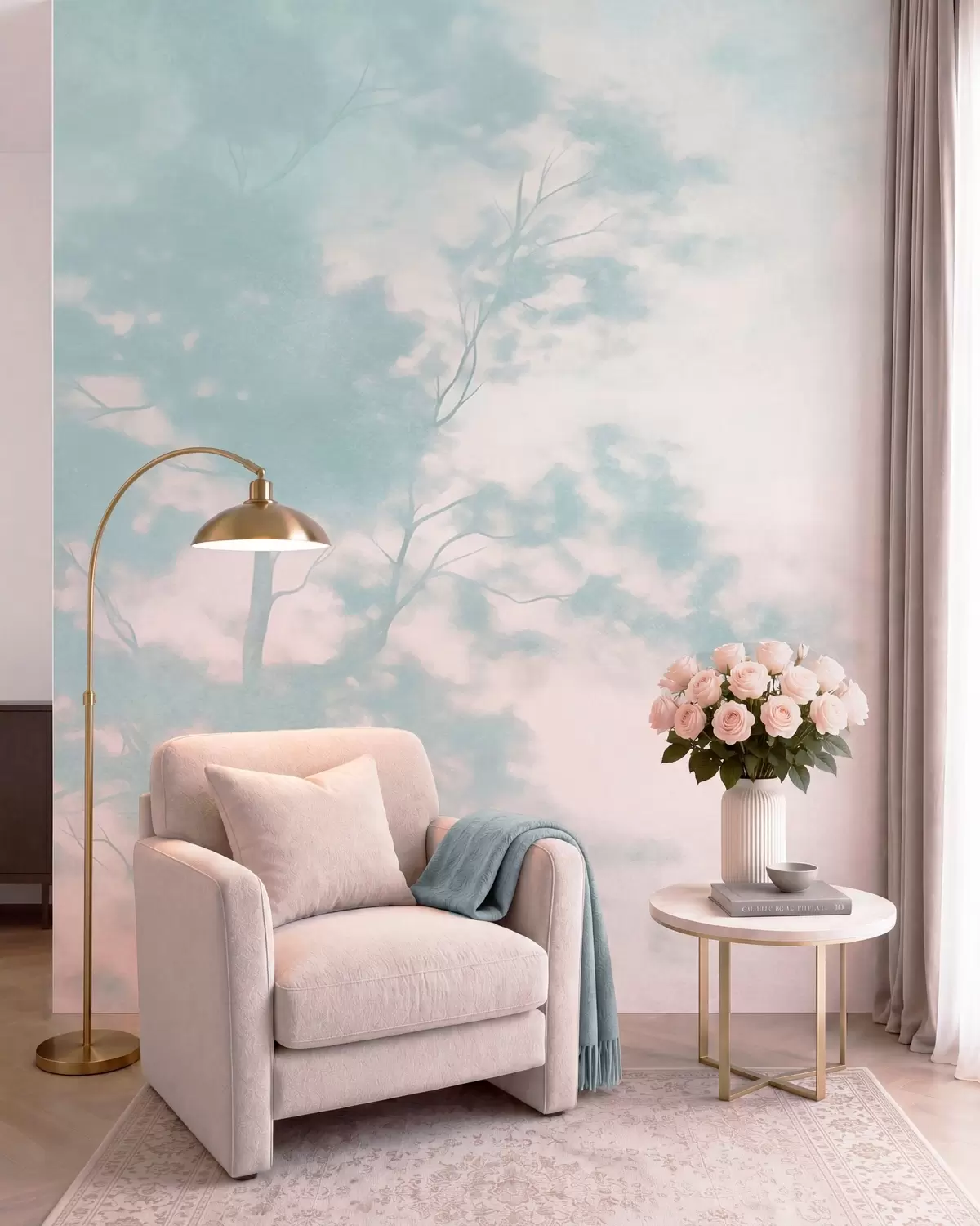 murais de parede Árvore com textura e ramos, fundo rosa pálido e turquesa, arte minimalista w10108v1