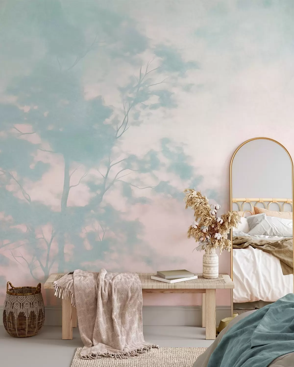 murais de parede Árvore com textura e ramos, fundo rosa pálido e turquesa, arte minimalista w10108v1