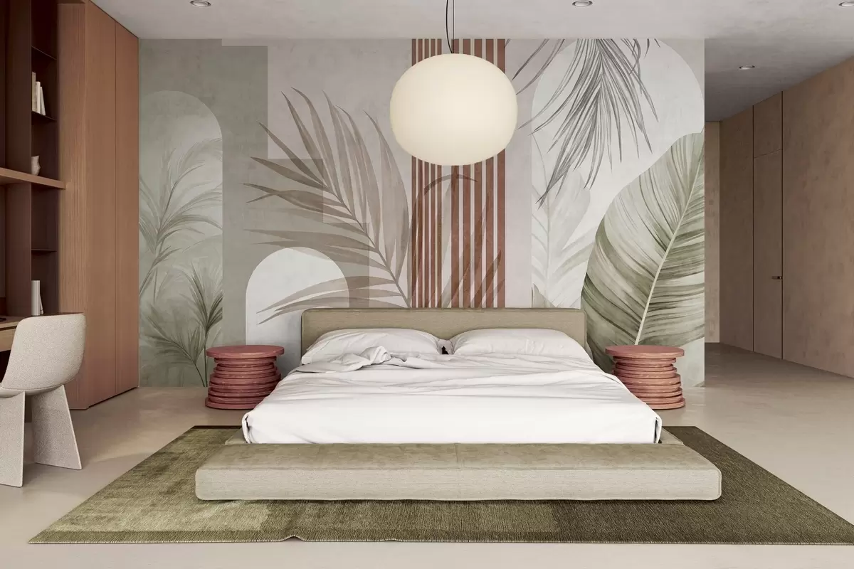 murais de parede Composição abstrata com folhas de palmeira, arcos geométricos e riscas verticais w10110