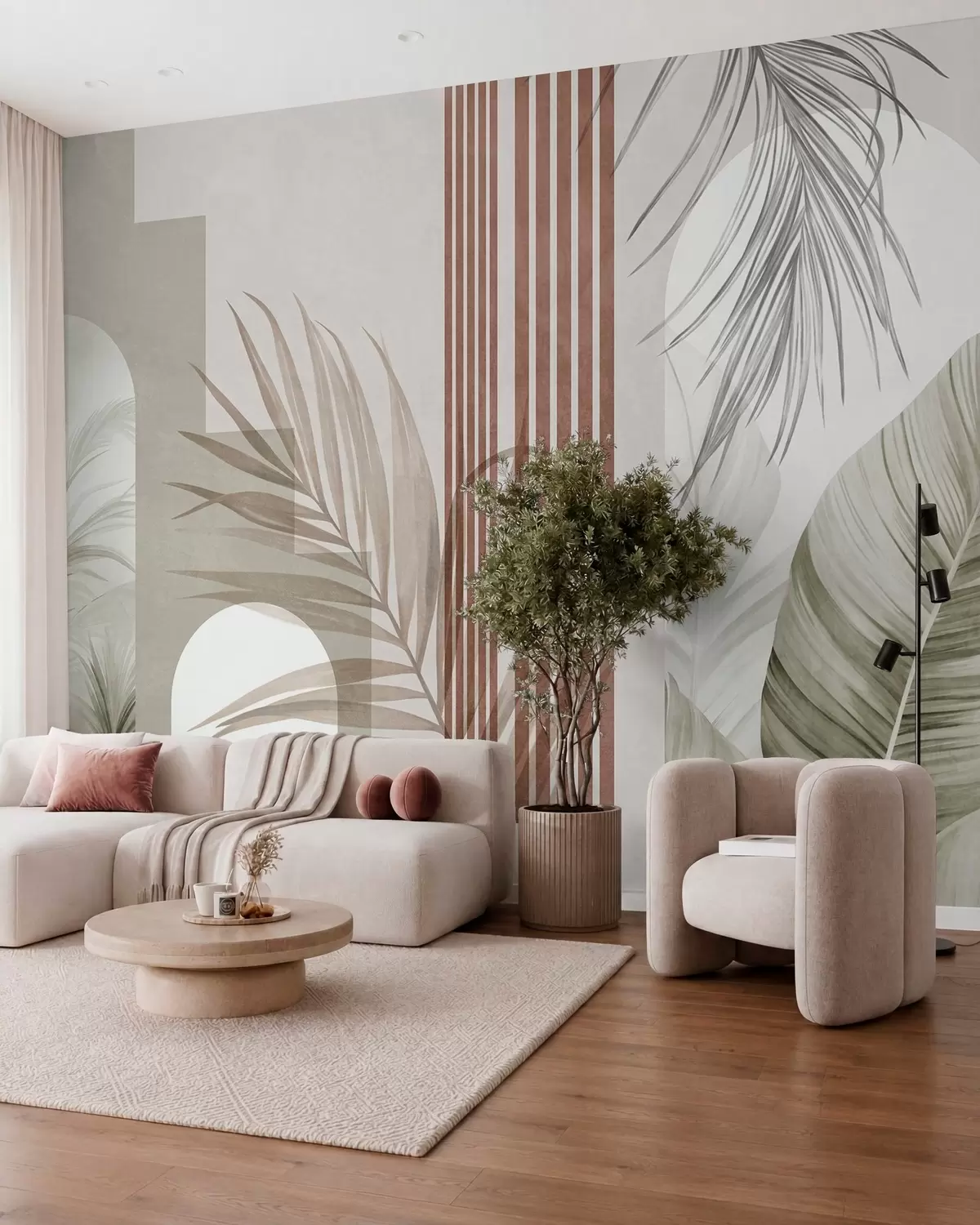 murais de parede Composição abstrata com folhas de palmeira, arcos geométricos e riscas verticais w10110
