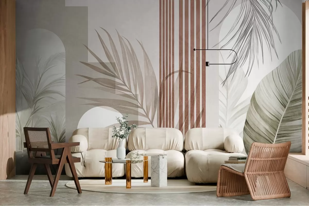 murais de parede Composição abstrata com folhas de palmeira, arcos geométricos e riscas verticais w10110