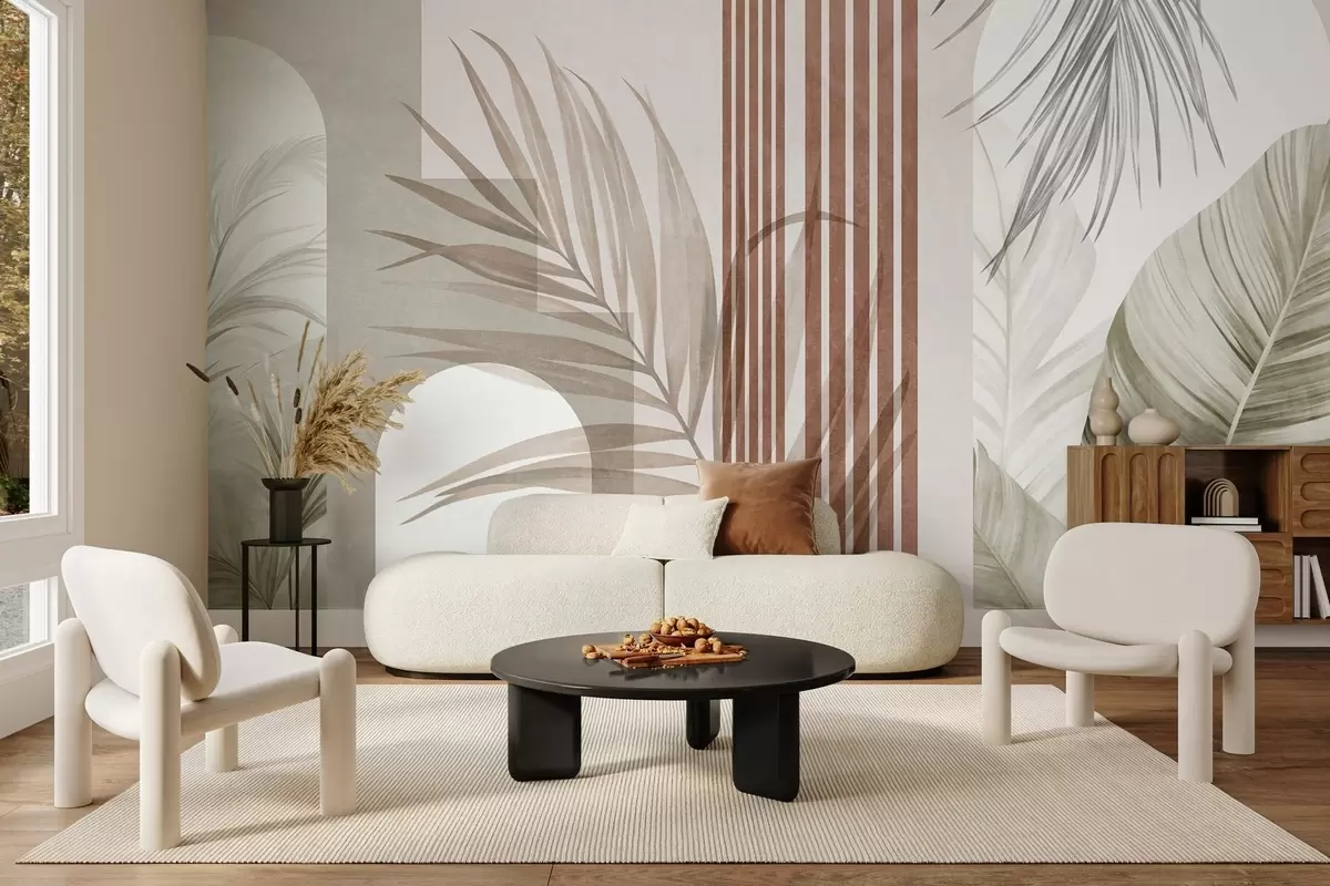 murais de parede Composição abstrata com folhas de palmeira, arcos geométricos e riscas verticais w10110
