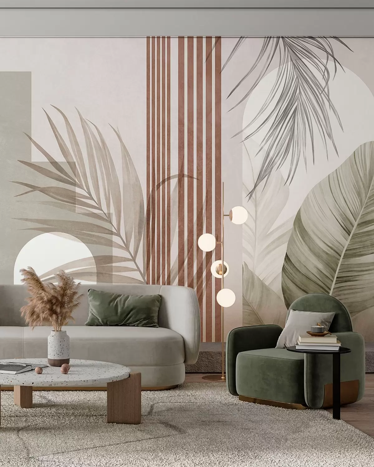murais de parede Composição abstrata com folhas de palmeira, arcos geométricos e riscas verticais w10110