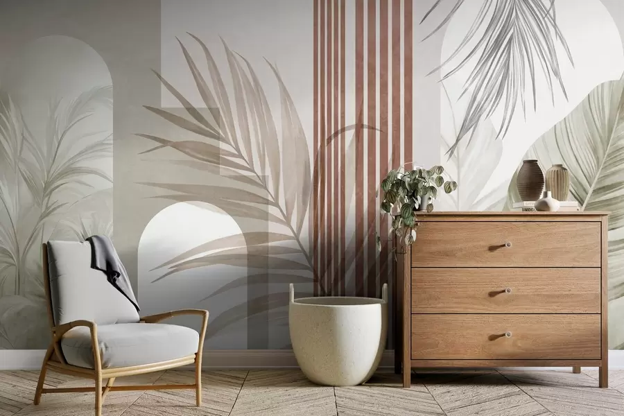 murais de parede Composição abstrata com folhas de palmeira, arcos geométricos e riscas verticais w10110