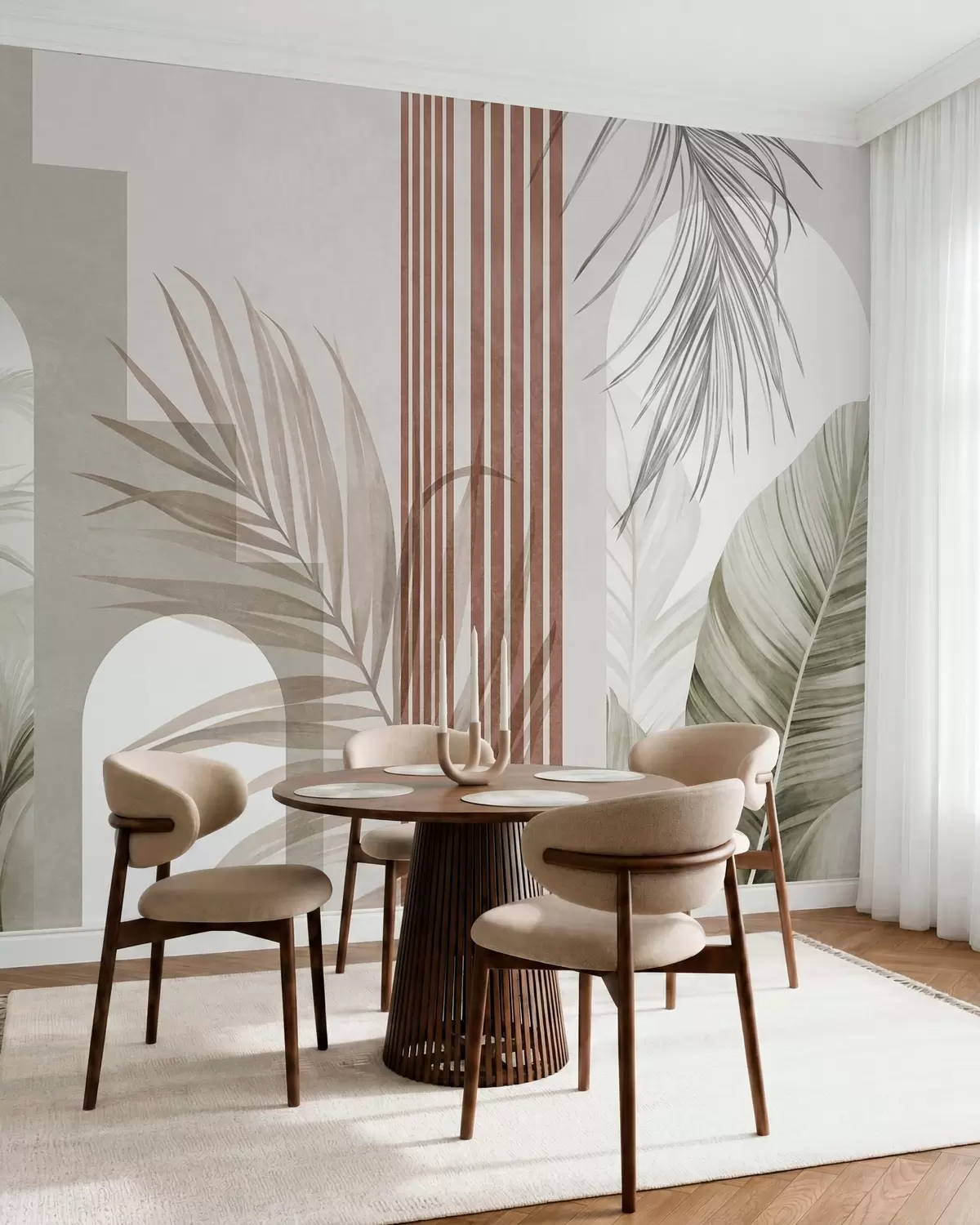 murais de parede Composição abstrata com folhas de palmeira, arcos geométricos e riscas verticais w10110