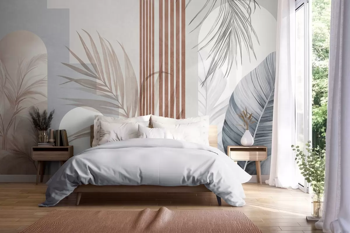 murais de parede Composição abstrata com folhas de palmeira, arcos geométricos e riscas verticais w10110v1