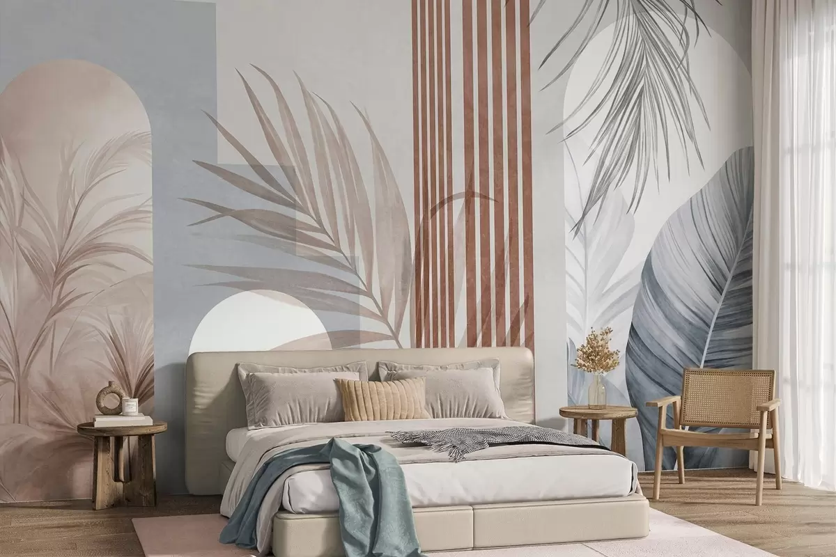 murais de parede Composição abstrata com folhas de palmeira, arcos geométricos e riscas verticais w10110v1