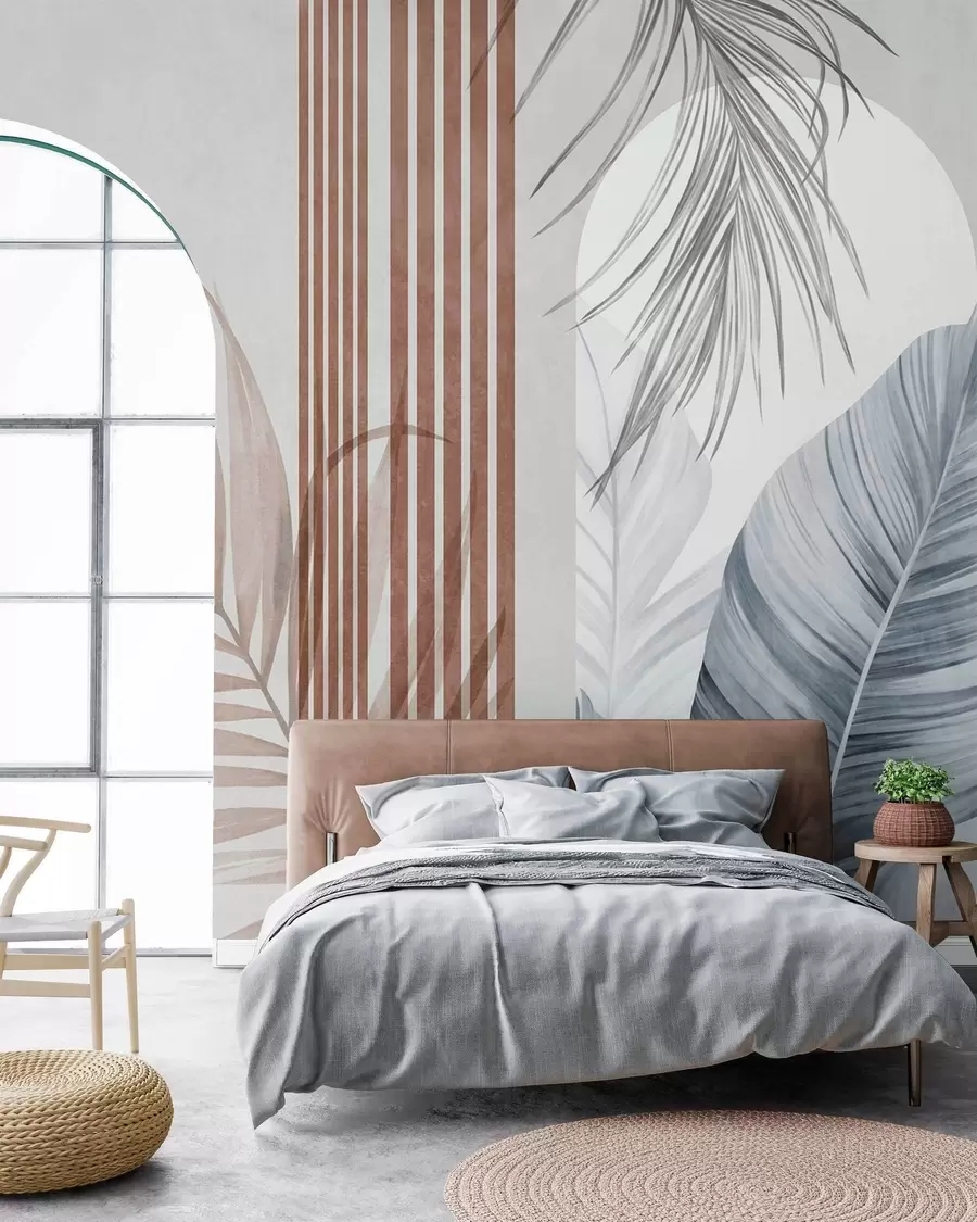 murais de parede Composição abstrata com folhas de palmeira, arcos geométricos e riscas verticais w10110v1