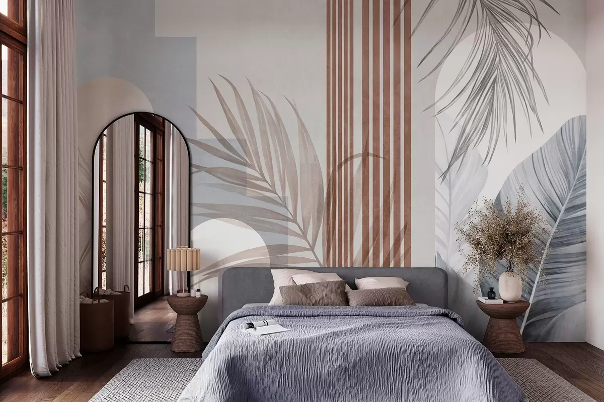 murais de parede Composição abstrata com folhas de palmeira, arcos geométricos e riscas verticais w10110v1