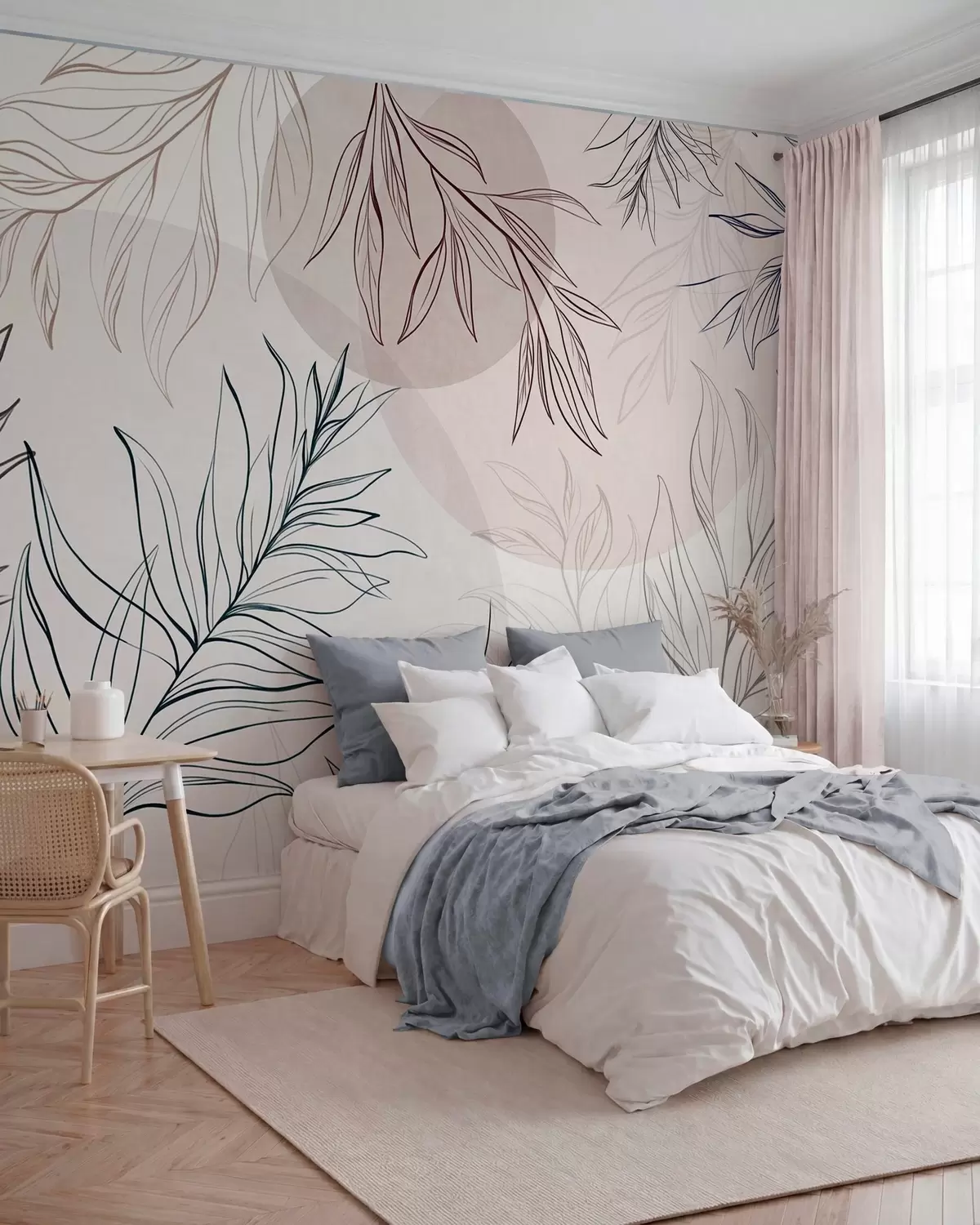murais de parede Desenhos minimalistas de folhas e vegetação tropicais, com formas circulares em tons pastel w10111