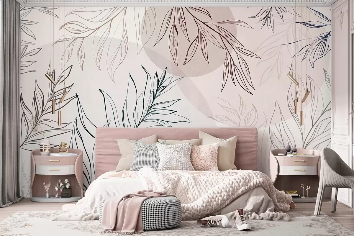 murais de parede Desenhos minimalistas de folhas e vegetação tropicais, com formas circulares em tons pastel w10111