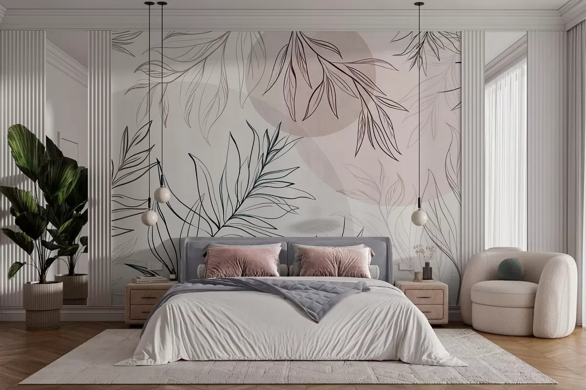 murais de parede Desenhos minimalistas de folhas e vegetação tropicais, com formas circulares em tons pastel w10111