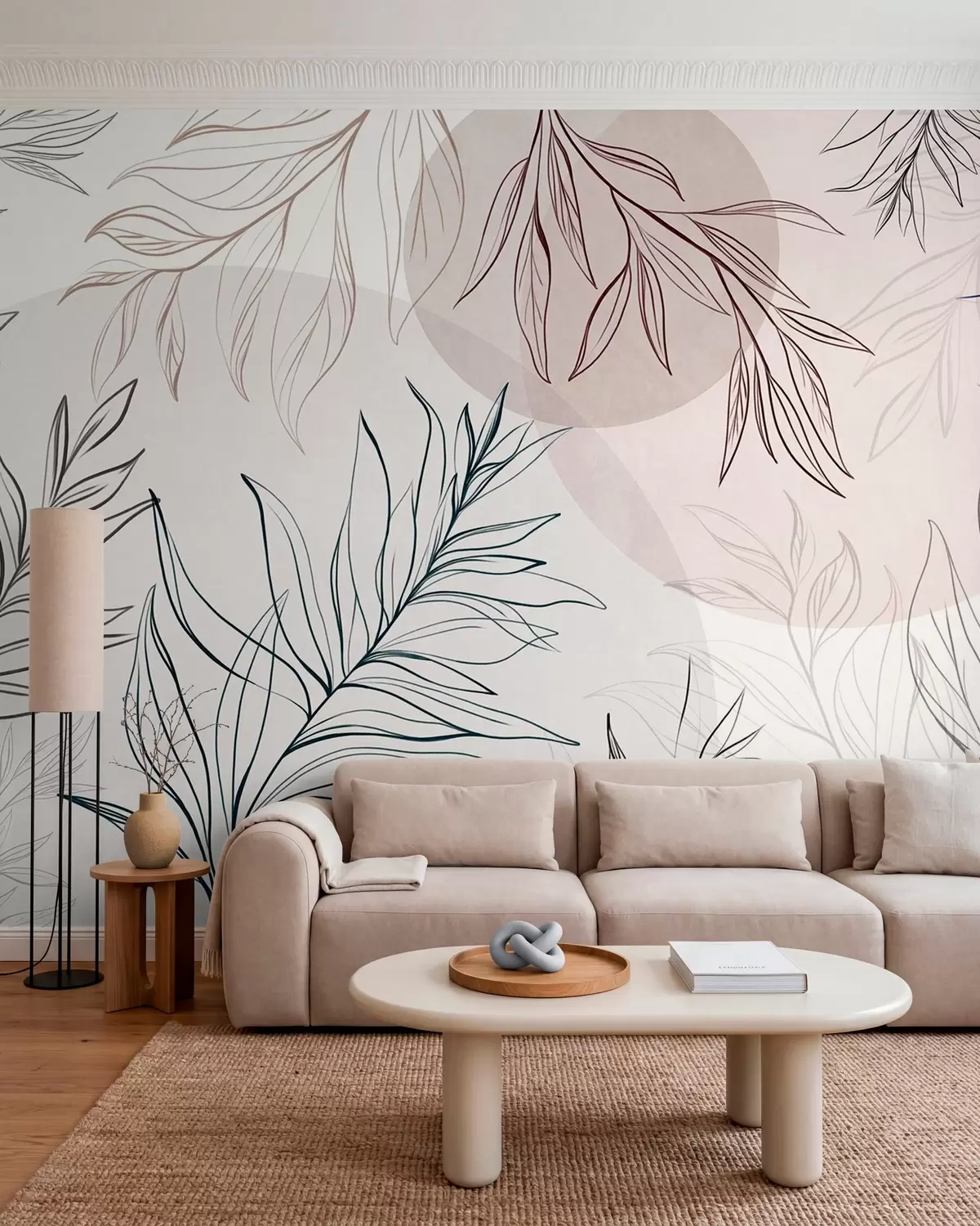 murais de parede Desenhos minimalistas de folhas e vegetação tropicais, com formas circulares em tons pastel w10111