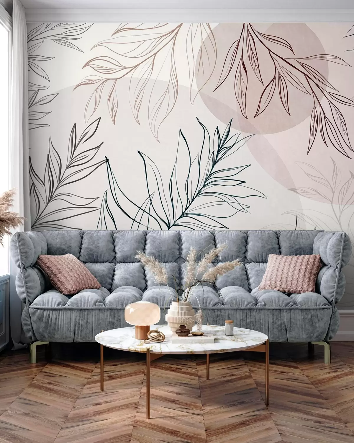 murais de parede Desenhos minimalistas de folhas e vegetação tropicais, com formas circulares em tons pastel w10111