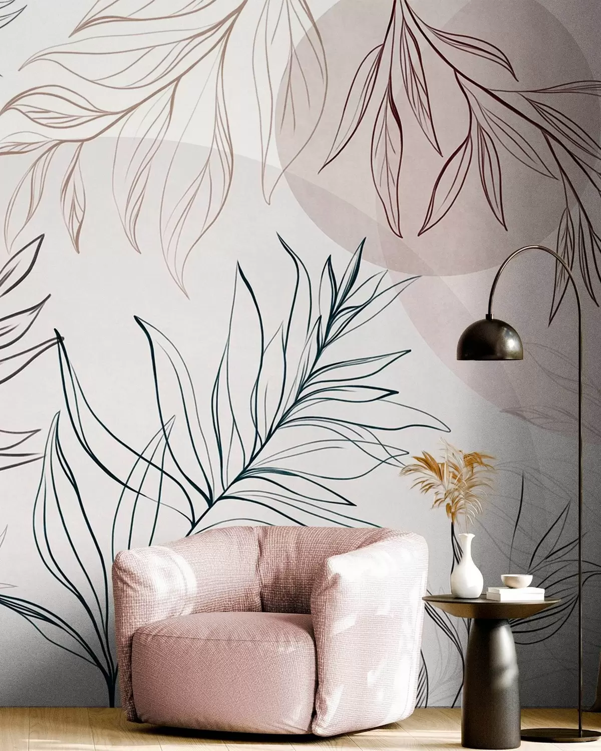 murais de parede Desenhos minimalistas de folhas e vegetação tropicais, com formas circulares em tons pastel w10111