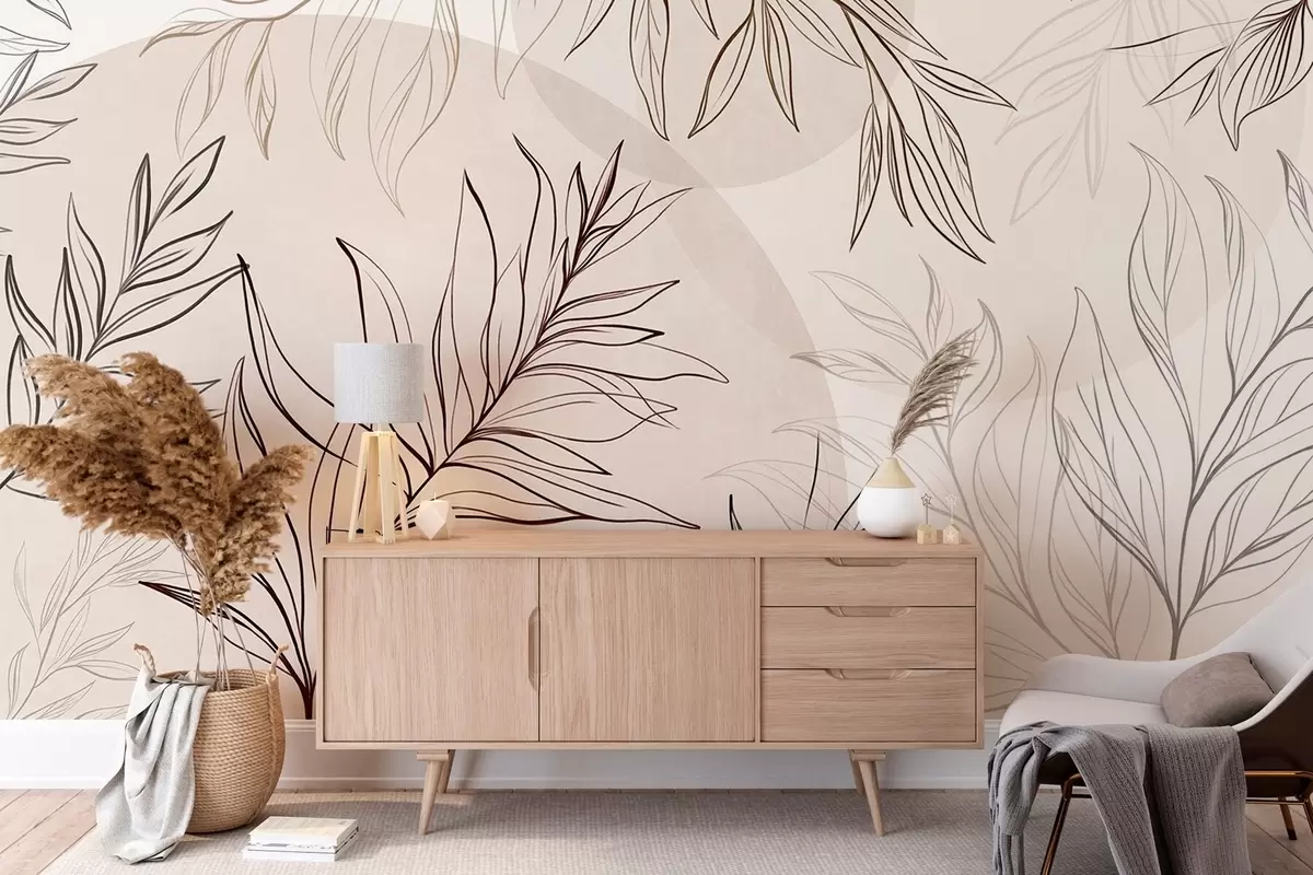 murais de parede Desenhos minimalistas de folhas e vegetação tropicais, com formas circulares em tons pastel w10111v1