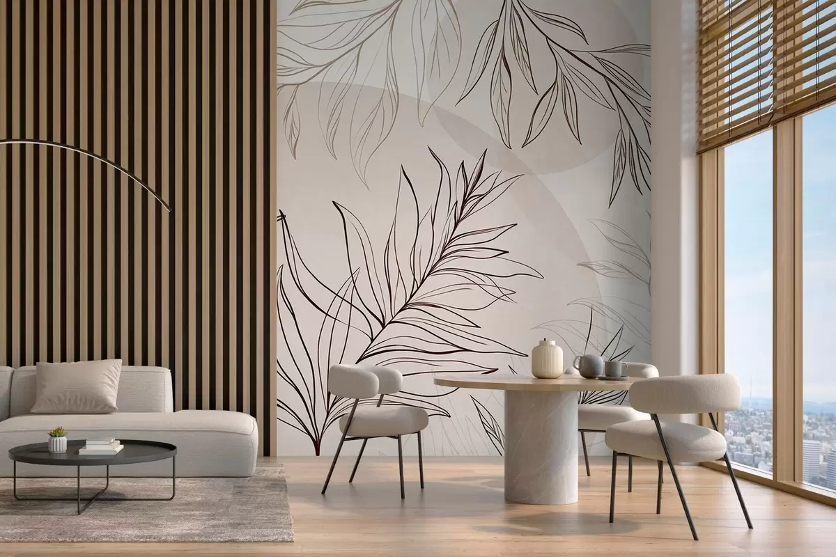 murais de parede Desenhos minimalistas de folhas e vegetação tropicais, com formas circulares em tons pastel w10111v1