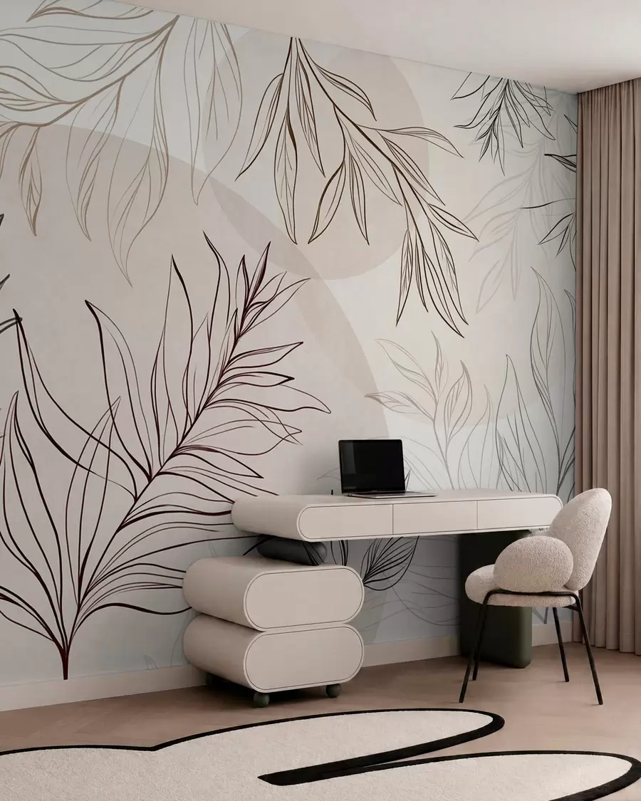 murais de parede Desenhos minimalistas de folhas e vegetação tropicais, com formas circulares em tons pastel w10111v1