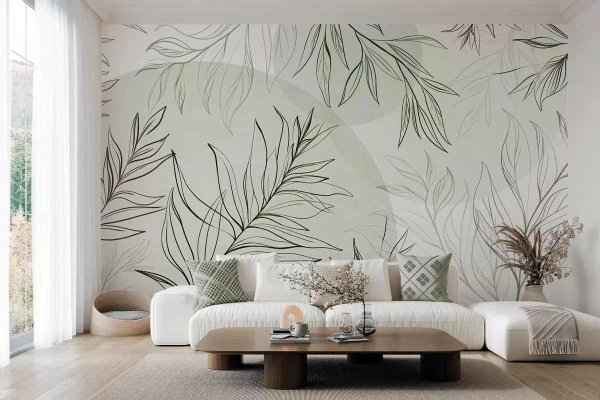 murais de parede Desenhos minimalistas de folhas e vegetação tropicais, com formas circulares em tons pastel w10111v2