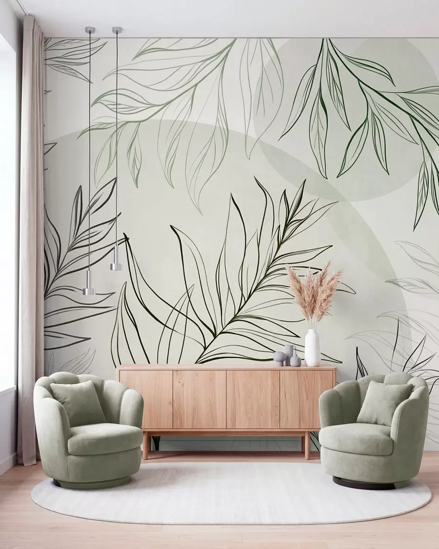 murais de parede Desenhos minimalistas de folhas e vegetação tropicais, com formas circulares em tons pastel w10111v2