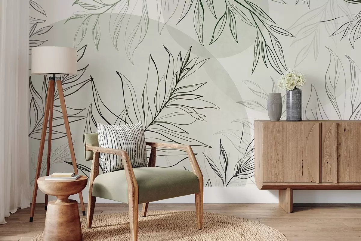 murais de parede Desenhos minimalistas de folhas e vegetação tropicais, com formas circulares em tons pastel w10111v2