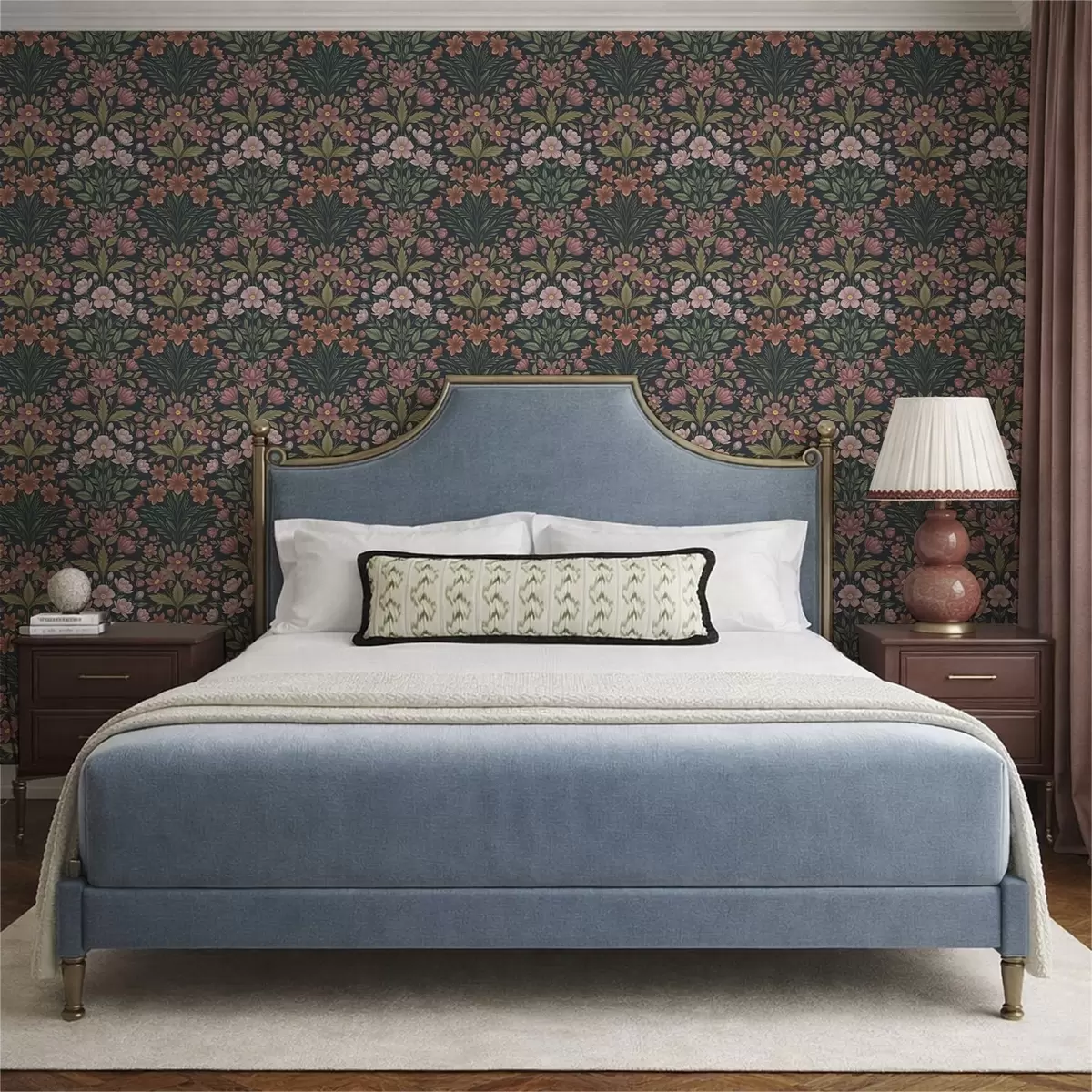 Papel de parede Flores cor-de-rosa e terracota sobre um fundo azul escuro a01279